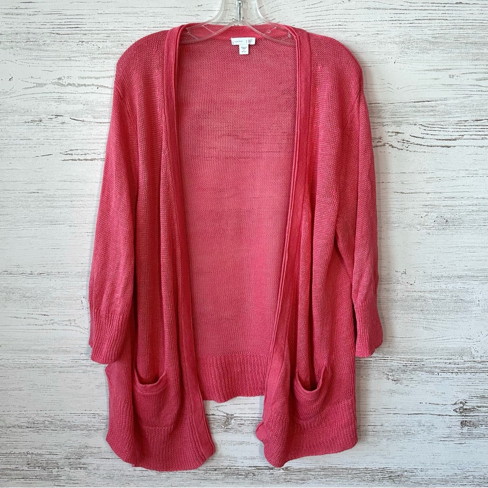 J. JILL LOVE LINEN 100% Linen Open Knit Tunic Cardigan Coral Pink L